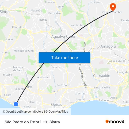 São Pedro do Estoril to Sintra map