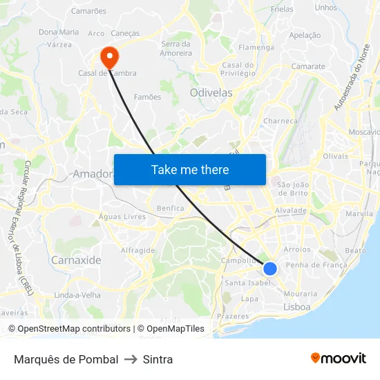 Marquês de Pombal to Sintra map