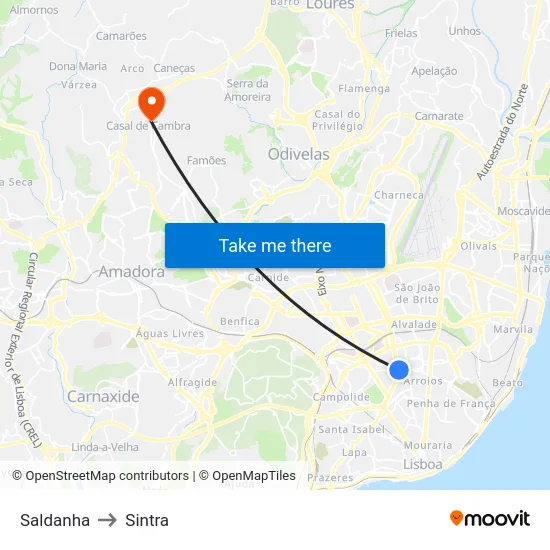 Saldanha to Sintra map