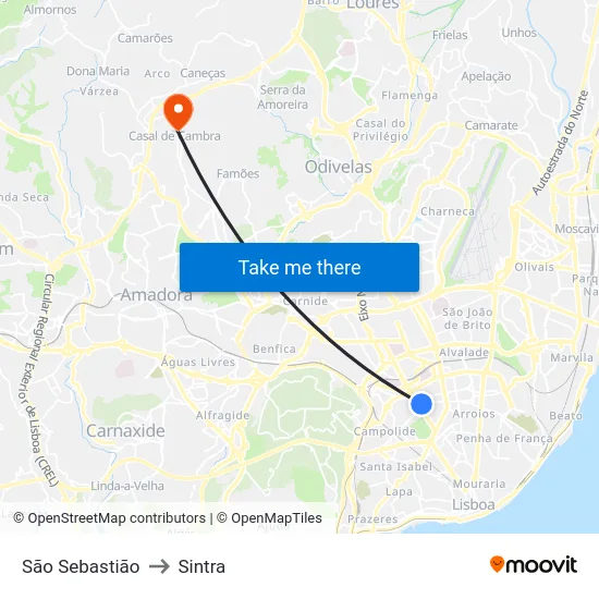 São Sebastião to Sintra map