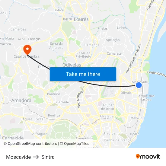 Moscavide to Sintra map