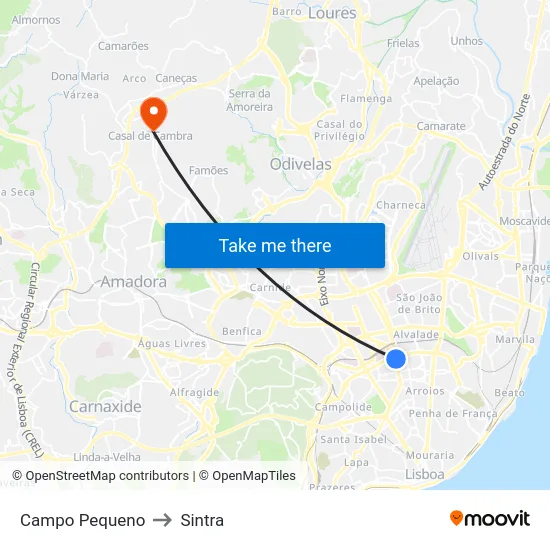 Campo Pequeno to Sintra map