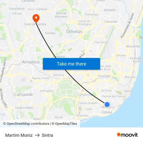 Martim Moniz to Sintra map