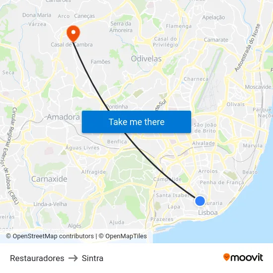 Restauradores to Sintra map