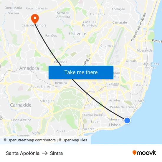 Santa Apolónia to Sintra map