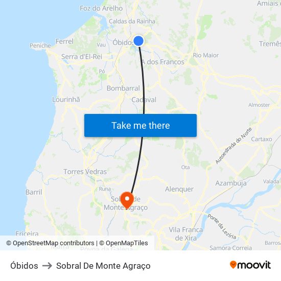 Óbidos to Sobral De Monte Agraço map