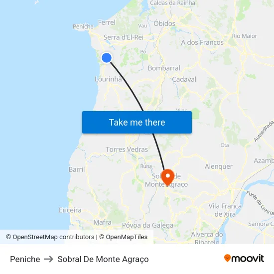 Peniche to Sobral De Monte Agraço map