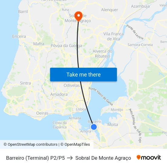 Barreiro (Terminal) P2/P5 to Sobral De Monte Agraço map