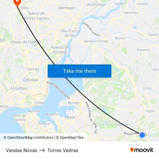 Vendas Novas to Torres Vedras map