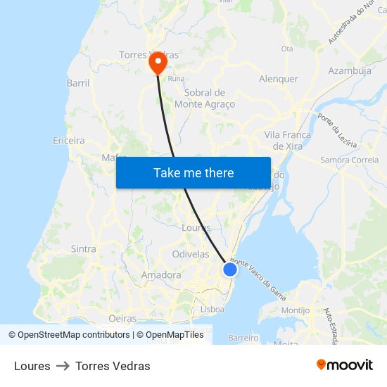 Loures to Torres Vedras map