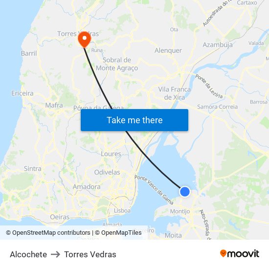 Alcochete to Torres Vedras map