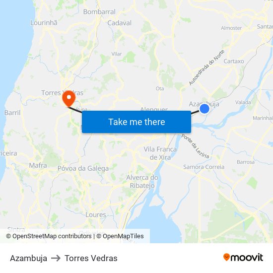 Azambuja to Torres Vedras map