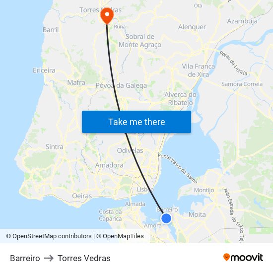 Barreiro to Torres Vedras map