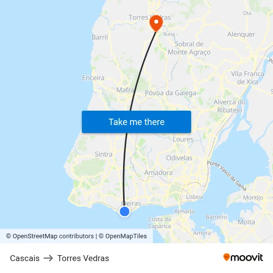 Cascais to Torres Vedras map