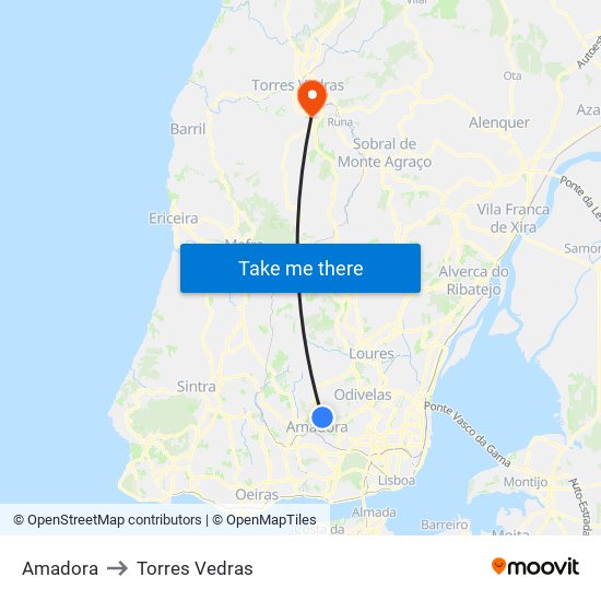 Amadora to Torres Vedras map