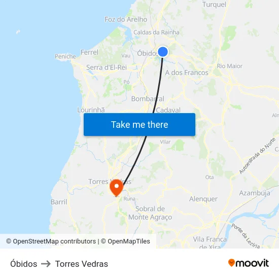 Óbidos to Torres Vedras map