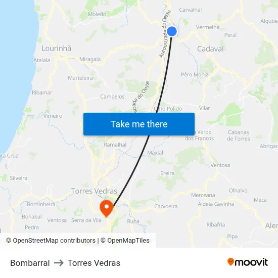 Bombarral to Torres Vedras map