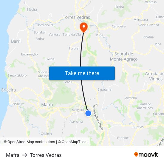 Mafra to Torres Vedras map