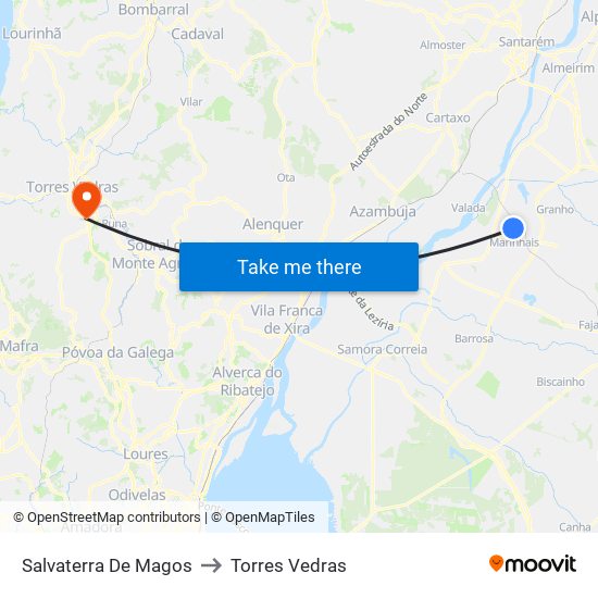 Salvaterra De Magos to Torres Vedras map