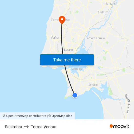 Sesimbra to Torres Vedras map