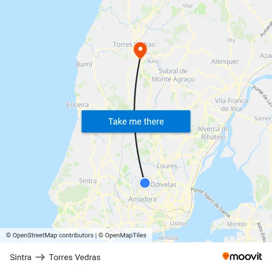 Sintra to Torres Vedras map