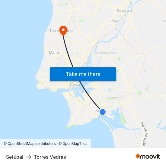 Setúbal to Torres Vedras map