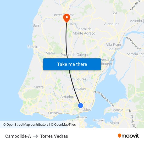 Campolide-A to Torres Vedras map