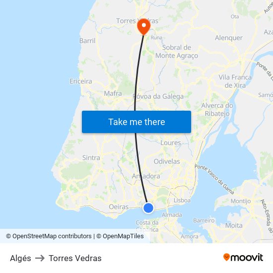 Algés to Torres Vedras map