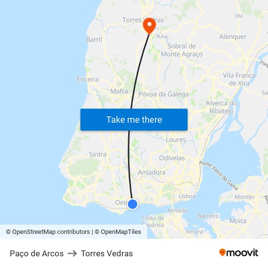 Paço de Arcos to Torres Vedras map