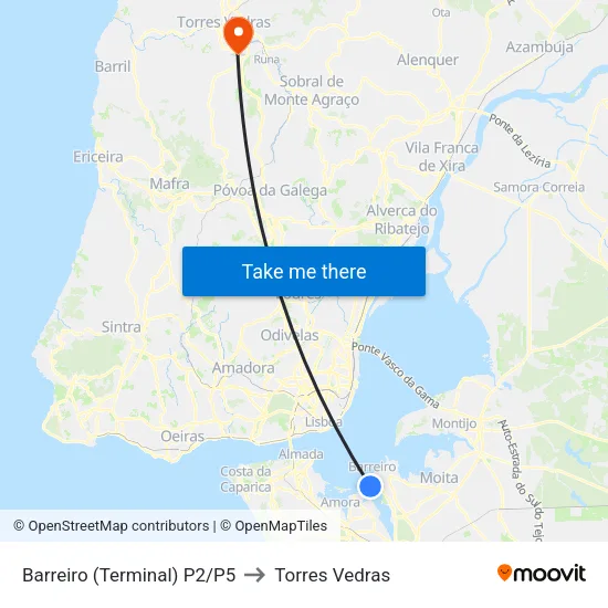 Barreiro (Terminal) P2/P5 to Torres Vedras map