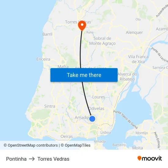 Pontinha to Torres Vedras map