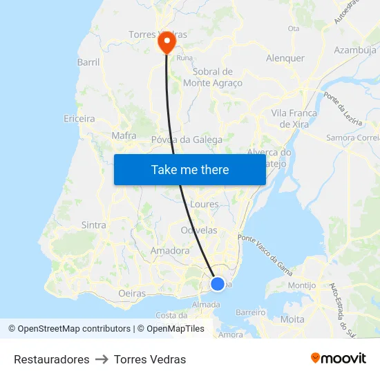 Restauradores to Torres Vedras map