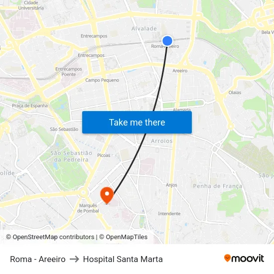 Roma - Areeiro to Hospital Santa Marta map