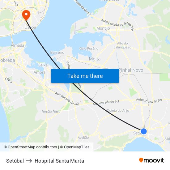 Setúbal to Hospital Santa Marta map