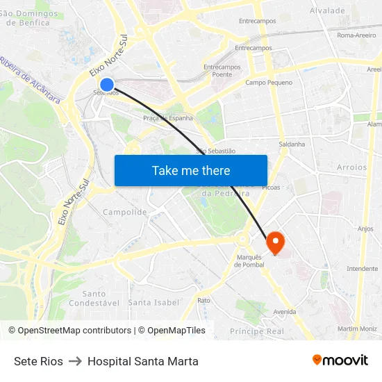 Sete Rios to Hospital Santa Marta map