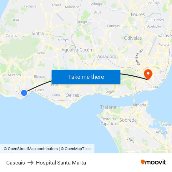 Cascais to Hospital Santa Marta map