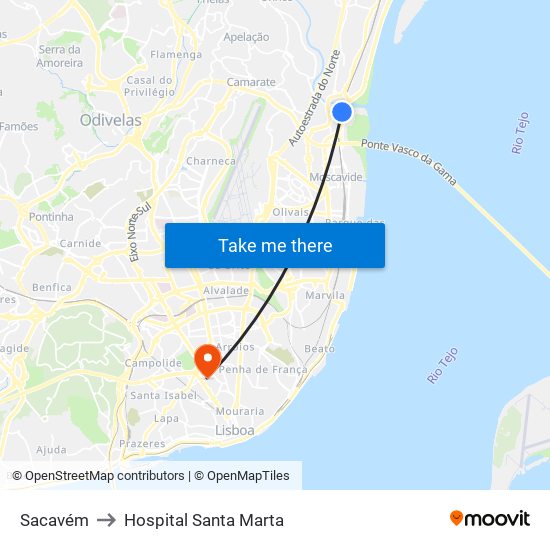 Sacavém to Hospital Santa Marta map