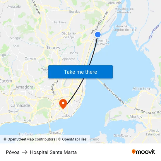 Póvoa to Hospital Santa Marta map