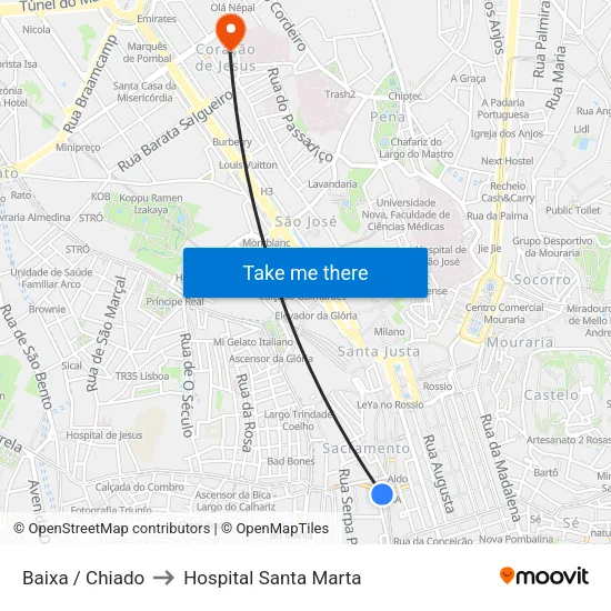 Baixa / Chiado to Hospital Santa Marta map