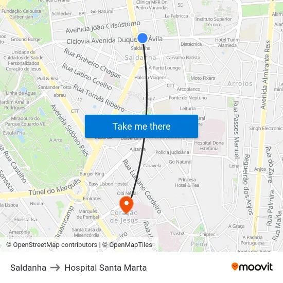Saldanha to Hospital Santa Marta map