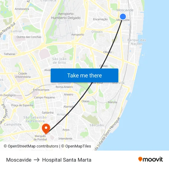 Moscavide to Hospital Santa Marta map