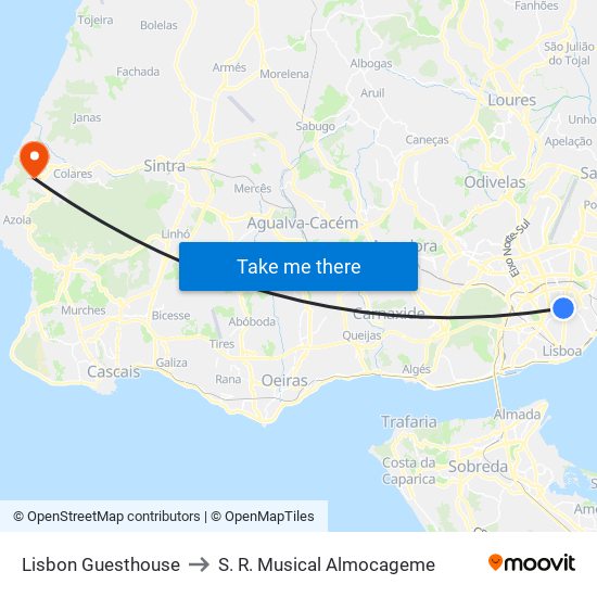 Lisbon Guesthouse to S. R. Musical Almocageme map