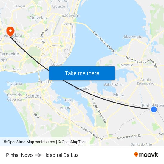 Pinhal Novo to Hospital Da Luz map