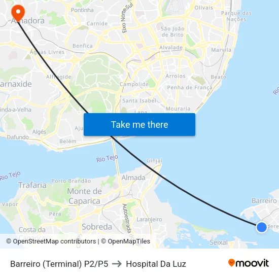 Barreiro (Terminal) P2/P5 to Hospital Da Luz map