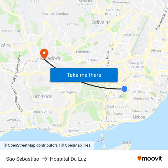 São Sebastião to Hospital Da Luz map