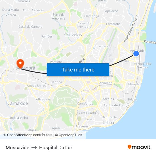 Moscavide to Hospital Da Luz map