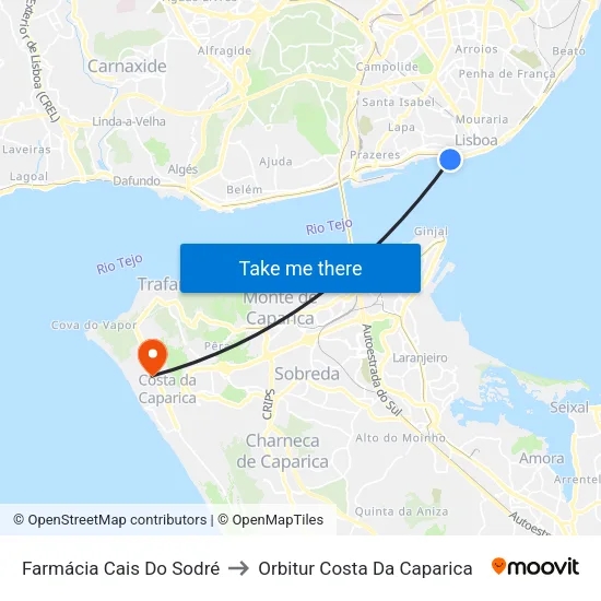 Farmácia Cais do Sodré to Orbitur Costa Da Caparica map