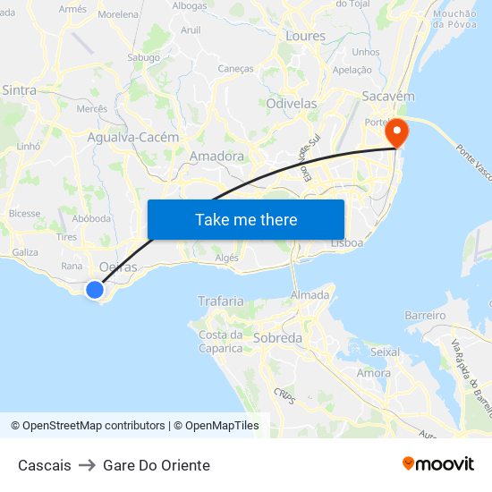 Cascais to Gare Do Oriente map