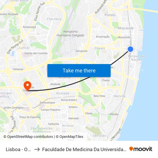 Lisboa - Oriente to Faculdade De Medicina Da Universidade De Lisboa map