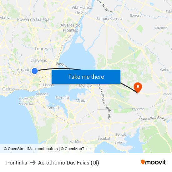 Pontinha to Aeródromo Das Faias (Ul) map